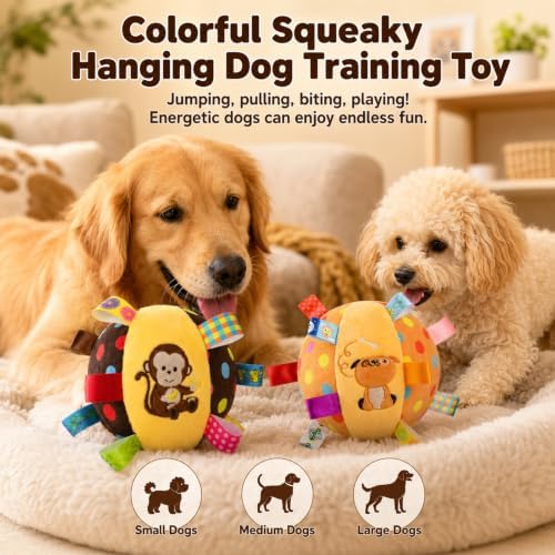 Colorful Squeaky Play Ball,Colorful Squeaky Hanging Dog Training Toy with 60 inch Elastic Ropes Soft with Bell 6-inch Soft Puppy Ball for Small Dogs & Puppies Indoor & Outdoor (Dog-A)