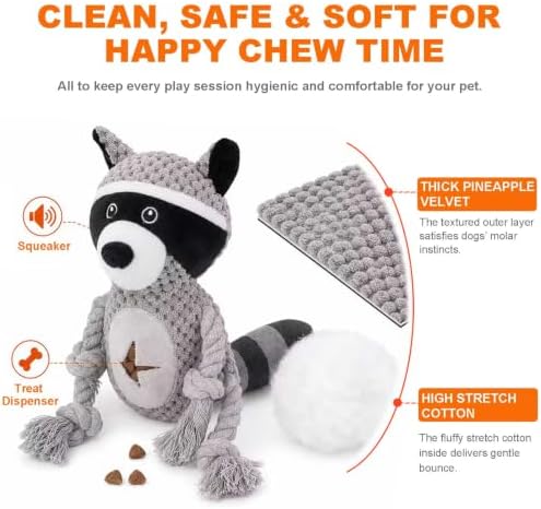 Dog Squeaky Chew Toy, Plush Crinkle Rope Dog Toy - Gray Raccoon