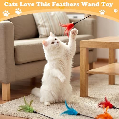 Leitee 15 Pcs Cat Feather Toy Wand Bulk Interactive Stick, Bright Color