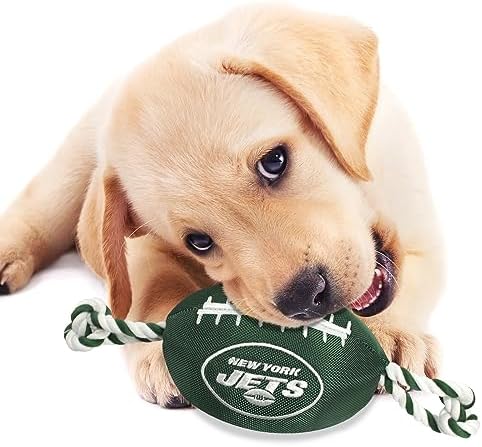 Pets First NFL New York Jets Football Dog Toy, Tough Quality Nylon Materials, Strong Pull Ropes, Inner Squeaker, NFL Team Color