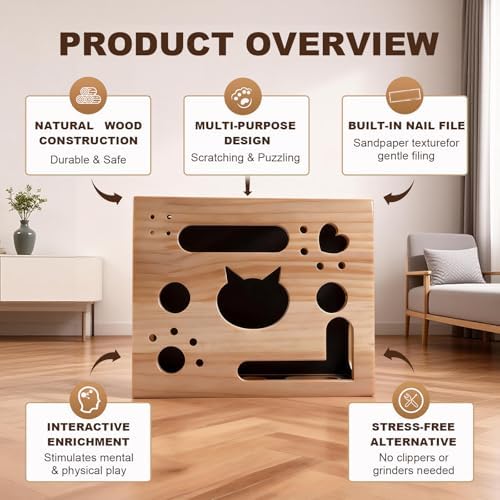 2026 New Model Cat Nail File Enrichment Box Cat Nail File Box with Sandpaper Stress-Free Alternative to Trimming Nails, Cat Toys Interactive for Indoor Cats Nail Scratcher（Natural Wood）