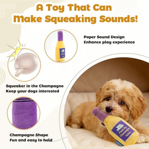 Champagne Bottle Squeaky Crinkle Dog Toy - Interactive Plush Chew Toys for Puppy Teething, Small Dogs, Aggressive Chewers and Keeping Busy