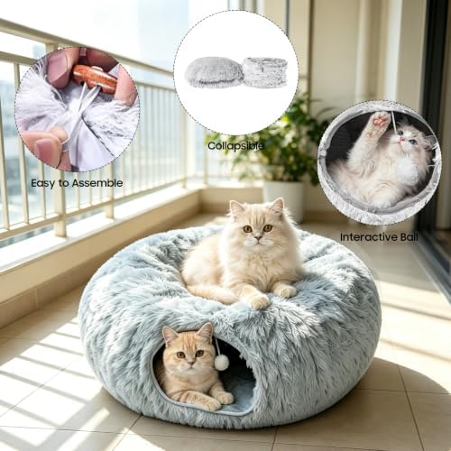 Cat Tunnel Bed for Indoor Cats, Peekaboo Cat Cave Donut Bed & Play Tunnel