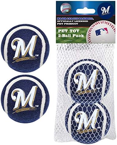 Pets First MLB Milwaukee Brewers Tennis Balls for Dogs & Cats - 2 Piece Set with Team Logo in Vibrant Team Color