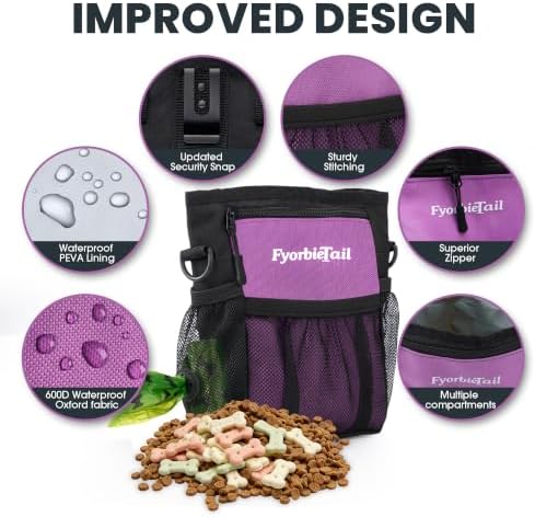 Dog Treat Pouch, 4 Cup Training Bag, Magnetic Closure, 3 Way Wear, Purple | 600D waterproof Oxford fabric, multi pocket storage, zipper and mesh pockets, pull out poop bag dispenser, includes 2 rolls