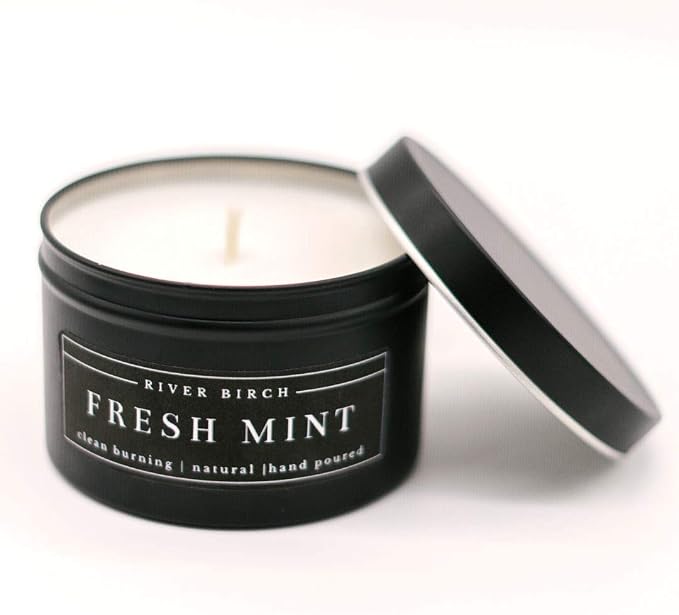 River Birch Candles Fresh Mint Scented Candle | Premium, All-Natural, Non-Toxic, Soy Candles | 8 oz. Black Matte Tin Travel Candle | Cozy Relaxing Gifts for Home
