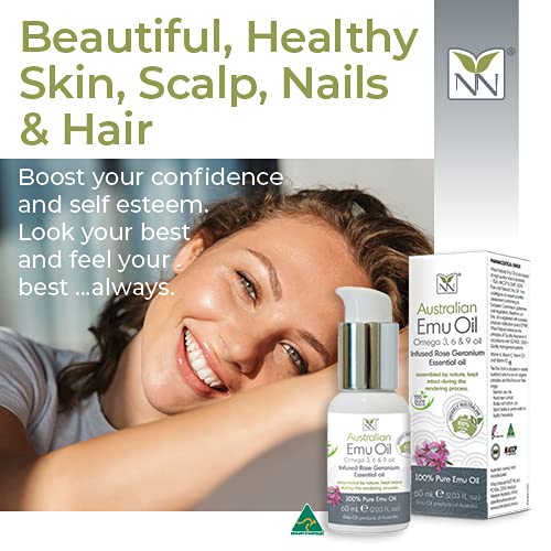 Y Not Natural Pure Emu Oil - Organic Moisture for Face, Body, Hair, Scalp & Nails - Rich in Omega 3-6-9, Vitamins & Essential Minerals - Australian Emu Oil (60ml) 2.03 fl oz - Rose Geranium