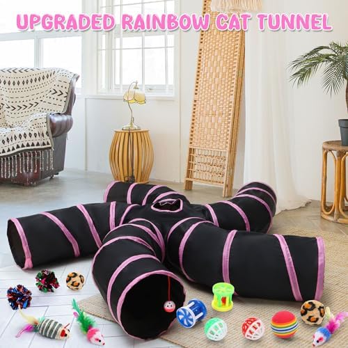 Poen 21 Pcs Cat Tunnel for Indoor Set Collapsible 5 Way Tubes with 20 Pcs Cat Kitten Toys Interactive Feather Toy Mouse Crinkle Balls Tube for Puppy Kitten Rabbit(Pink Black)