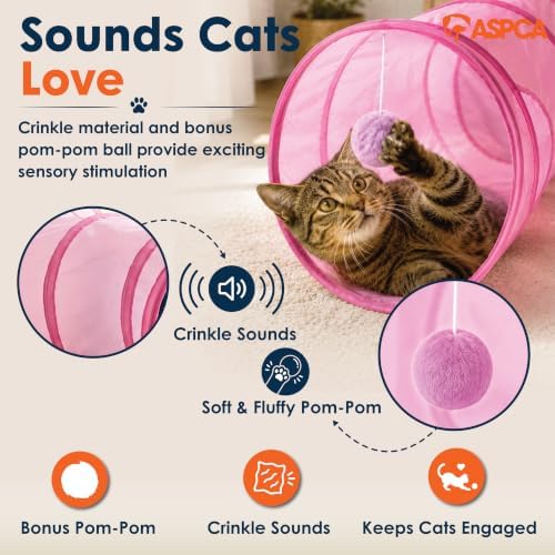 ASPCA Cat Tunnel with Rattle Toy – Interactive Collapsible Cat Tunnel for Indoor Cats, Crinkle Play Tunnel with Hanging Rattle Toy, Encourages Hiding, Chasing, Pouncing & Active Play, S-Shape, Pink