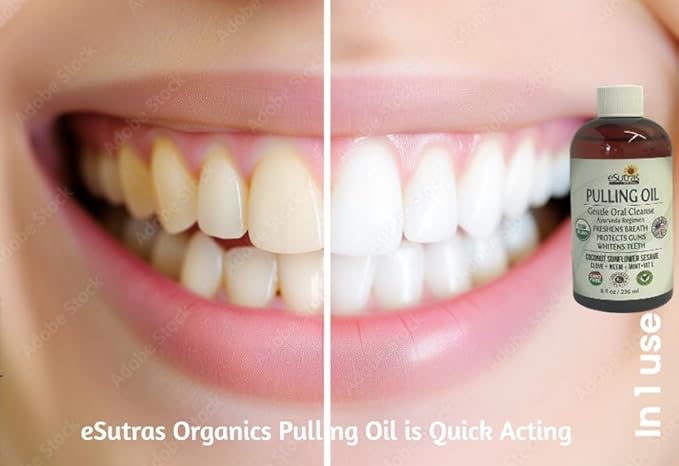 eSutras Pulling Oil Pure Herbal Mouthwash Organic Coconut Sesame Sunflower Oils + Mint Neem Clove Safely Whitens Teeth Refreshes Breath Strengthens Gums