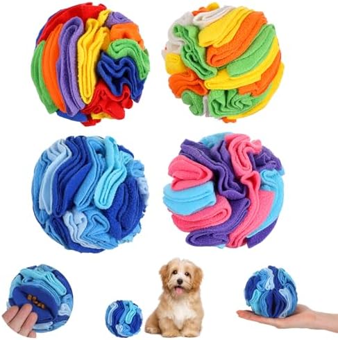 4 Packs Snuffle Ball for Dogs, Sniffle Interactive Treat Ball, Stress Relief, Slow Feeder, Puzzle Toy for Small Medium Dogs Cats, Soft Polar Fleece, Rainbow, Orange, Pink Blue & Ocean Blue, 3.9 Inches