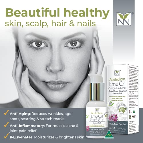 Y Not Natural Pure Emu Oil - Organic Moisture for Face, Body, Hair, Scalp & Nails - Rich in Omega 3-6-9, Vitamins & Essential Minerals - Australian Emu Oil (60ml) 2.03 fl oz - Rose Geranium