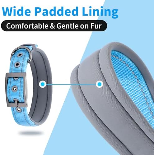 Segarty Reflective Heavy Duty Dog Collar for Medium Dogs, Adjustable Wide Soft Comfortable Breathable Neoprene Padded Nylon Collar with Metal Buckle for Medium Small Breeds (M, Light Blue)