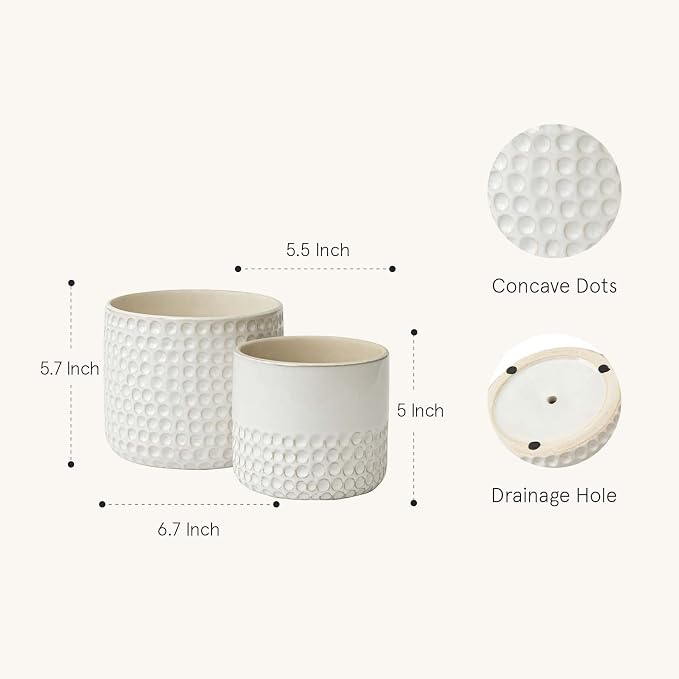 La Jolie Muse Ceramic Planter Flower Plant Pots- 6.7+5.5 Inch Concave Dot Patterned Cylinder Flower Pot W/ Drain Hole for Indoor, Set of 2, Ivory | 6.7+5.5 Inch, Ivory Dot Pattern Ceramic Planter with Drainage Hole, Decorative Planter Pots for Indoor P...