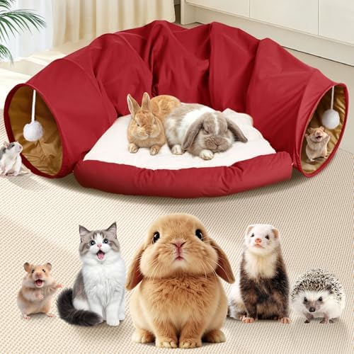 Spardar 2-in-1 Bunny Tunnel Bed, with Removable Mat Hideout, Red