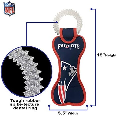 Pets First NFL New England Patriots Dental Dog TUG Toy with Squeaker. Tough PET Toy for Healthy Fun, Teething & Cleaning Pet's Teeth & Gum.