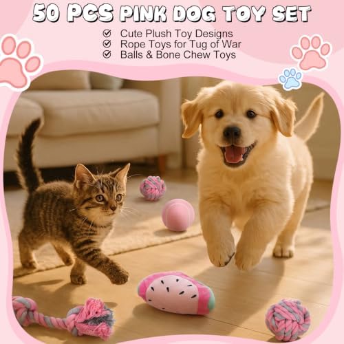 50 Pcs Plush Interactive Dog Toys 8 x 9 cm, Ocean Themed Set, Small Puppy Toys for Indoor Interactive Fetch, Multicolor (Pink)