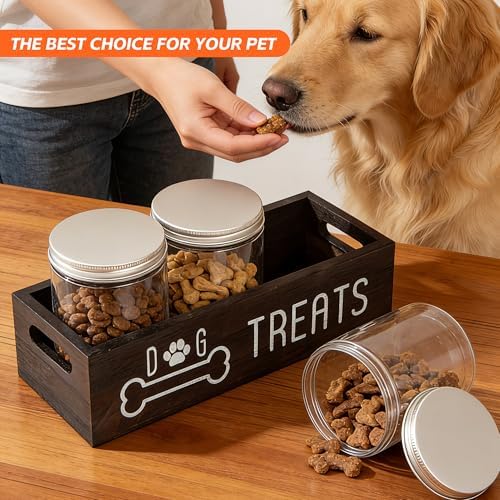 Dog Treat Container with 3 Airtight Jars, Wood Pet Organizer, Black