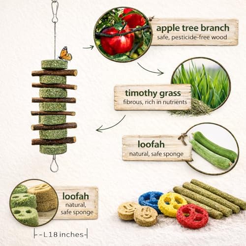 Grddaef 20 PCS Bunny Chew Toys for Teeth, Natural Rabbit Toys Apple Wood Grass Timothy Sticks Chew and Treat for Guinea Pigs Hamster Chinchillas