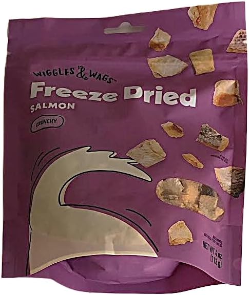 Wiggles & Wags Freeze Dried Salmon Crunchy Dog Treats. Plus Colors Vary Bone Shaped Dispenser & Dog Waste Roll. (1-4 oz) 113g Bag.