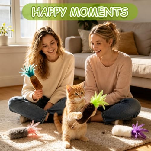 4 Pack Rabbit Fur Cat Toys with Feathers, Durable Interactive Chew and Kicker Toys for Indoor Cats and Kittens, Carrot Cat Toys with Galls Fruit for Teeth-Cleaning Relieves Boredom