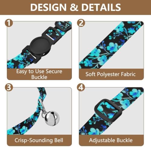 Watercolor Blue Turquoise Flowers Cat Collar Breakaway with Bell 2 Pack Cat Collar Adjustable Length 10.6" to 17.1"