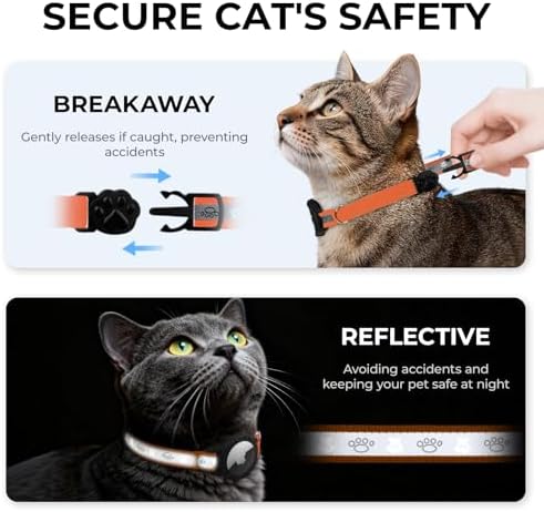 Breakaway AirTag Cat Collar, Reflective Cat Tracker Collar with Bell | Built in AirTag Holder, Adjustable 8.5-12in for Cats, Kittens and Puppies, Safety Elastic Band, Reflective for Night Walking