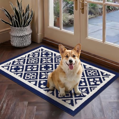 Ileading Indoor Door Mat 2x3ft, Absorbent Muddy Mats for Dogs, Low-Profile Entrance Welcome Mat with Non-Slip Rubber Backing, Washable Runner Carpet for Hallway,Entryway,Kitchen(Navy)