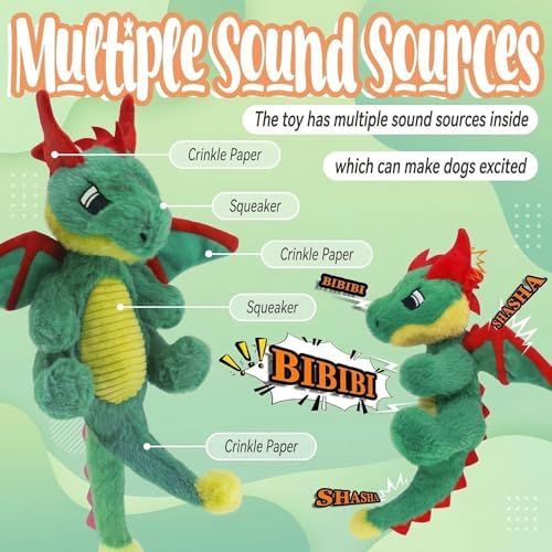 Original Dinosaur Dog Toy - Soft Plush Dog Toys for Small Medium Large Dogs（13.78''） - Cute Dog Squeak Toys with 5 Crinckle Papers & 2 Squeakers (Green)