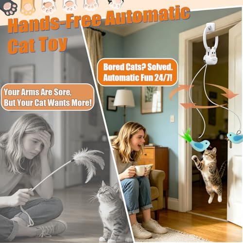 Interactive Cat Toys for Indoor Cats, Automatic Flying Bird Feather Wand Toy for Chase Exercise Enrichment, Rechargeable Durable Safe Hanging Cat Toy for Bored Kittens & Adult Cats