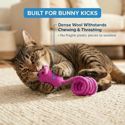 Glaciart One Felt Mouse Cat Toy – Soft Fuzzy Enrichment 100% Natural Wool - Interactive Catnip Play Cat Toy Set - Safe for Pets, Non-AZO Colored Dyes - 42” Long