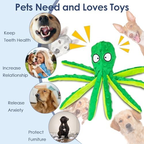 8 Pack Squeaky Octopus Plush Dog Toys for Aggressive Chewers, No Stuffing, Crinkle, Durable Interactive, 4 Colors