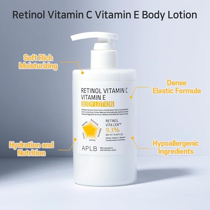 APLB Retinol Vitamin C Vitamin E Body Lotion | RETINOL VITA CEN™ 9.3% 10.14 FL.OZ/Korean Skincare, Long lasting hydration, Wrinkle Care, Revitalize for gentle and improve skin texture