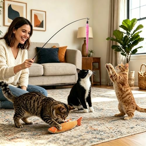 10PCS Interactive Cat Toy with 2 Suction Cups & Wand, 2 Ways to Play Indoor Cat Toys for Bored Cats, Feather Bird Teaser Toy with Flexible Rod, Kitten Exercise Toys with Fish Toy