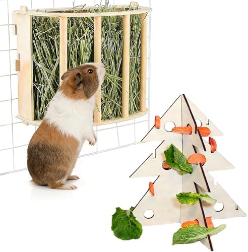 Guinea Pig Hay Feeder Wooden Rabbit Hay Rack Bunny Treat Holder Vegetable Dispenser Foraging Toy Cage Accessories for Chinchillas Small Animals