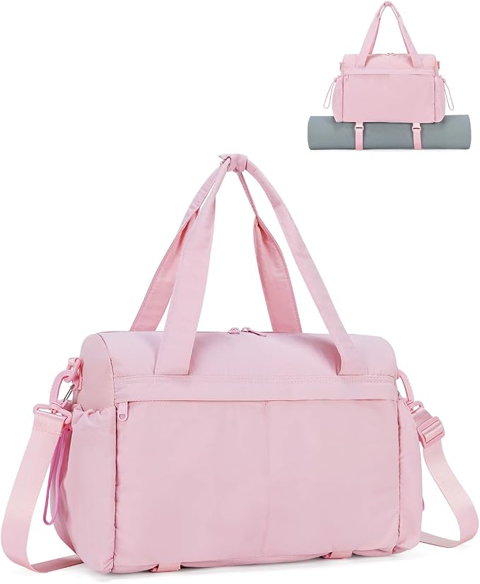 Small Gym Bag, Mini Gym Bag for Women with Yoga Mat Holder and Wet Compartment, Cute Mini Puffer Duffle Bag with Water Bottle Pocket for Workout Yoga Dance, Puffer Pink
