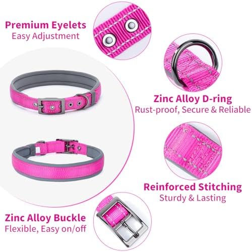 Segarty Reflective Pink Female Dog Collar for Neck 23-26.9in, Adjustable Wide Soft Comfortable Breathable Neoprene Padded Nylon Collar with Heavy Duty Metal Buckle for Extra Large Breed (XL, Hot Pink)