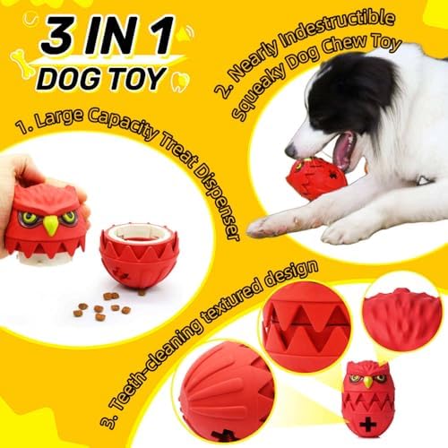 Interactive Dog Toy, Owl-Shaped Treat Dispenser, Squeaky Durable Natural Rubber Chew Ball,Red