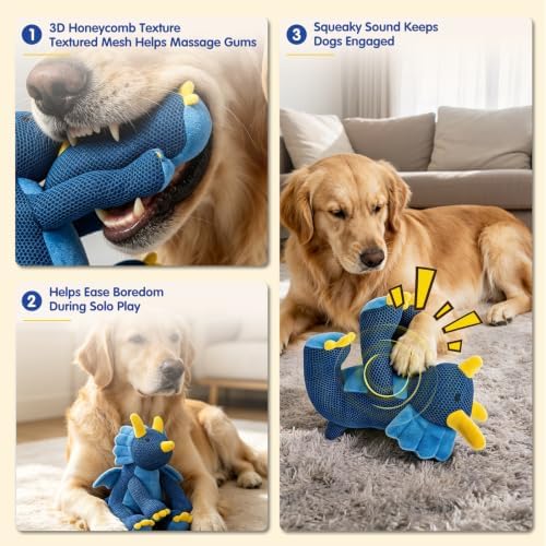 Large Squeaky Triceratops Plush Dog Toy, Belly Squeaker and Honeycomb Mesh, Soft Dinosaur Toy for Fetch, Carrying and Gentle Tug, Dark Blue