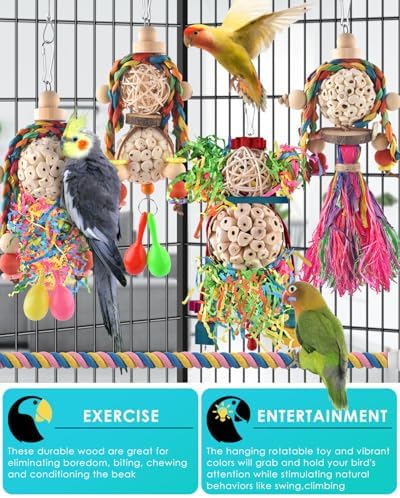 Bissap Conure Toys, 5 PCS Bird Foraging Shredder Hanging Swing Rope Perch Toys Sola Balls with Sand Hammer for Small Parrots Parakeets Conures Cockatiels Love Birds Cage Toy