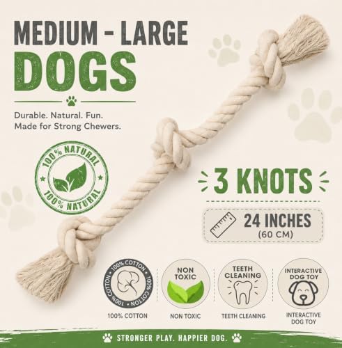 100% Natural Cotton Dog Rope Toy for Large/Medium Aggressive Chewers, Interactive Rope Tug Toy, Tough Chew Toy to Tug of War Teeth Cleaning, Non Toxic and Indestructible (Large - 24")