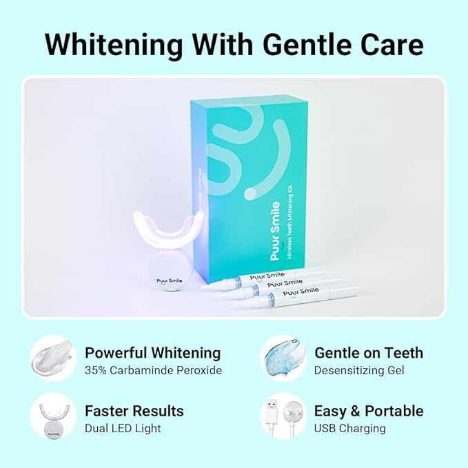 Puur Smile Teeth Whitening Kit – LED Light & Whitening Gel with Remineralization Syringes – Professional-Grade Whitening for Sensitive Teeth – Removes Stains from Coffee, Wine, & Smoking