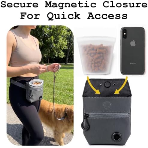 Dog Training Treat Pouch with Silicone Treat Bag, Magnetic Closure, Poop Bag Dispenser, Zippered Pocket, Metal Clip and Adjustable Waist Belt, Charcoal