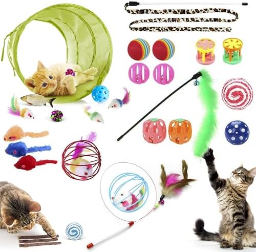 SunGrow Cat Tunnel and Assorted Activity Variety Pack, Interactive Kitten Accessories, for Indoors, Teaser Wand, Crinkle Balls, Bell Set, etc. (Assorted Toys, 30 Pieces)