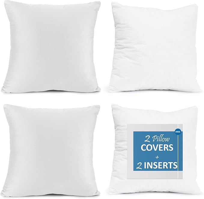 Nestl Throw Pillow Inserts Pack of 2 with Velvet Soft Solid Decorative Square Throw Pillow Covers Set for Sofa Couch Car Bedroom, 22X22 Throw Pillows Inserts with 20x20 Washable Cushion Covers, White