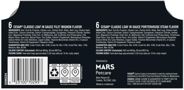 Cesar Classic Loaf Wet Dog Food, Meaty Selects, 3.5 oz, 12 Count, 2-Pack | Made in USA, Filet Mignon & Porterhouse Steak flavors, real beef #1 ingredient, no artificial flavors, easy peel trays