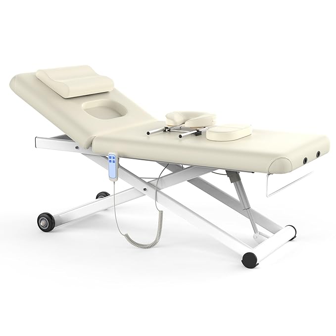 pouseayar Heavy Duty Electric Massage Table, Electric Lift and Electric Backrest 2 Motor Adjustable for Treatment/Medical Spa/Facial Bed/Beauty Bed/Massage Bed and More - 32 Wide x 75 Long - White