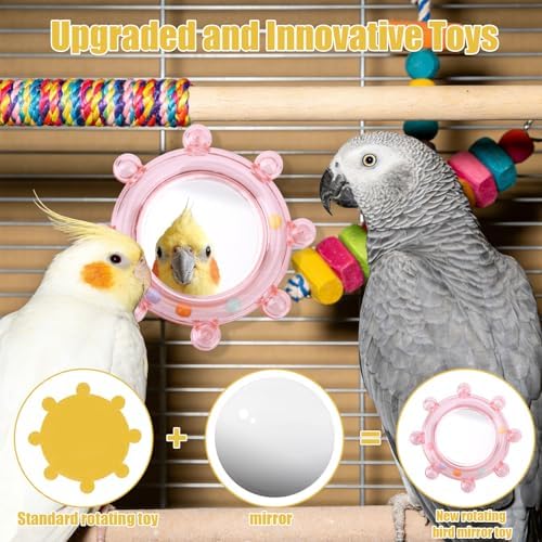2pcs Bird Mirror Toy for Cage, Rotating Bird Mirror with Rustling Balls Embedded Interactive Birdcage Hanging Pet Accessories for Parakeet Budgie Lovebird Canaries Conures Perch Cockatiels