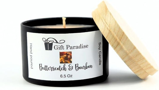 Butterscotch & Bourbon Soy Wax Candle, Black Metal Tin, 6.5 oz, Cotton Wick