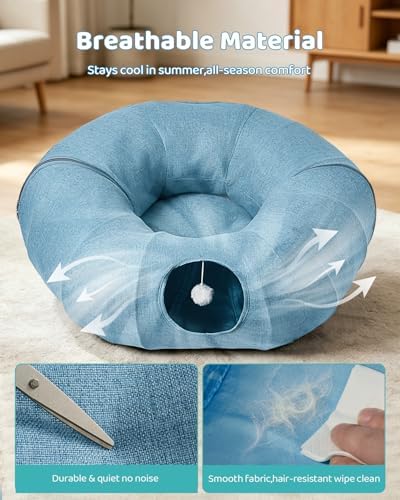Odoland Linen Cat Tunnels with Central Cat Bed, Interactive Cat Toys Detachable Washable Soft Mat Large Indoor Play Tunnel Cave for Kittens and Small Animals